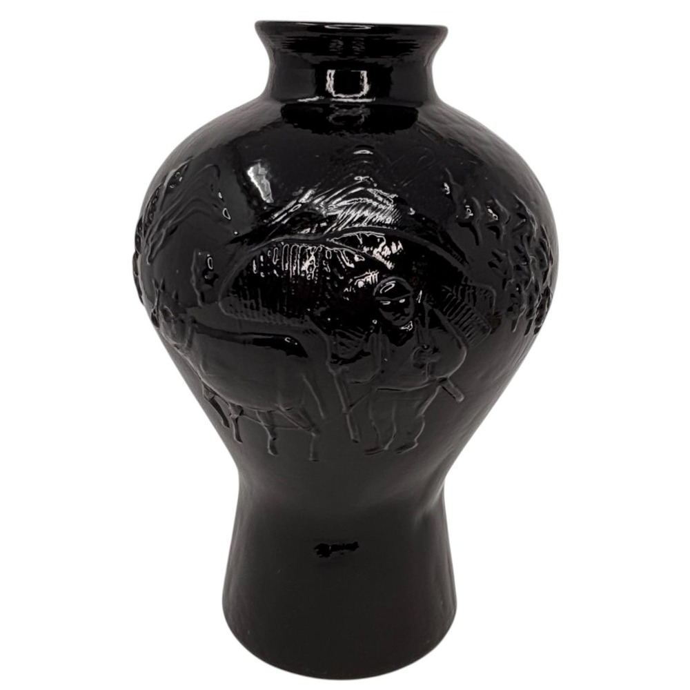 Vintage Black Gloss Pottery Vase Asian Village Relief‎ Scene Decorative Vessel